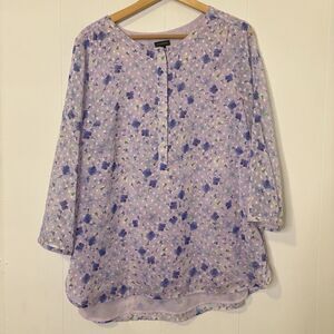 Talbots Large Purple Floral Swiss Dot 3/4 Sleeve Textured Chiffon Blouse Henley
